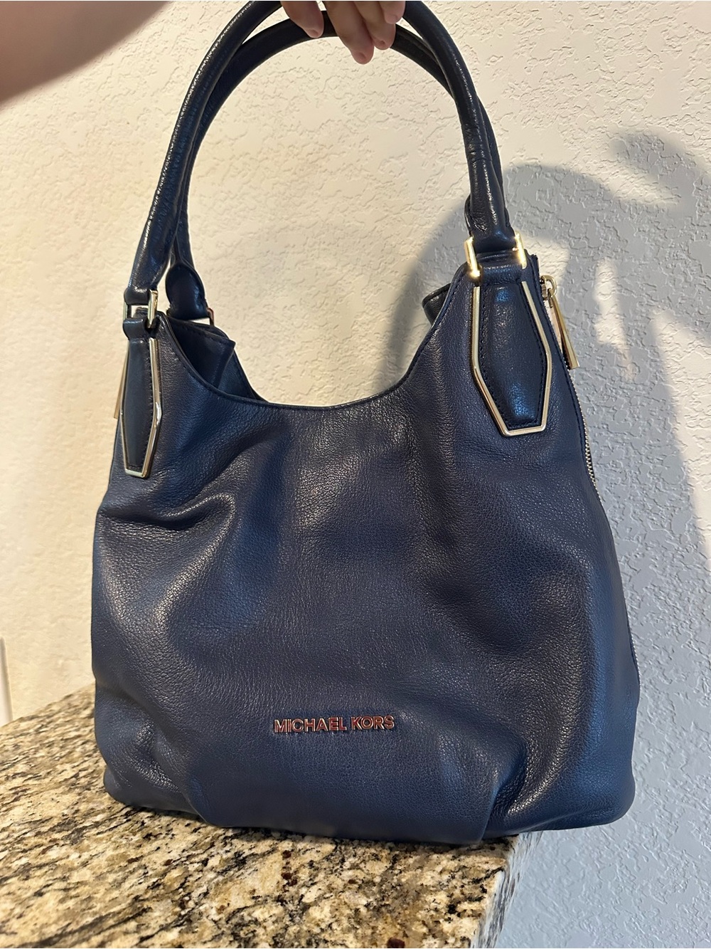 MICHAEL KORS Navy Leather Shoulder Hobo with Gold Hardware